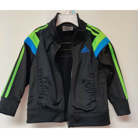 Adidas Track Jacket Toddler 18 Months Trefoil Full Zip Green Blue Stripes Neon - Picture 2 of 5